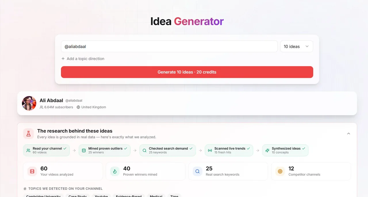 TubeGrade Idea Generator — AI video ideas backed by real YouTube data