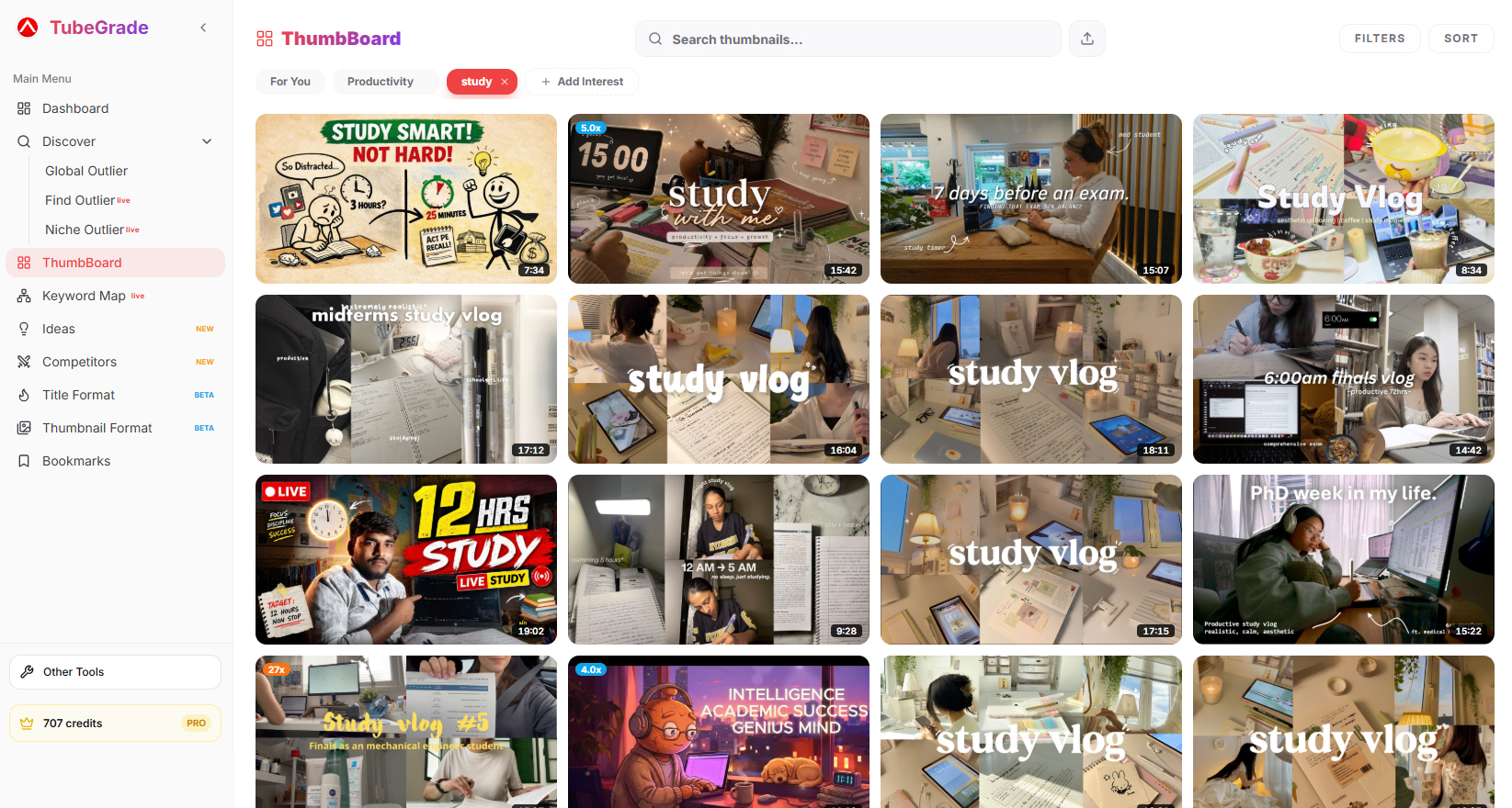TubeGrade ThumbBoard — outlier-ranked thumbnails in your niche